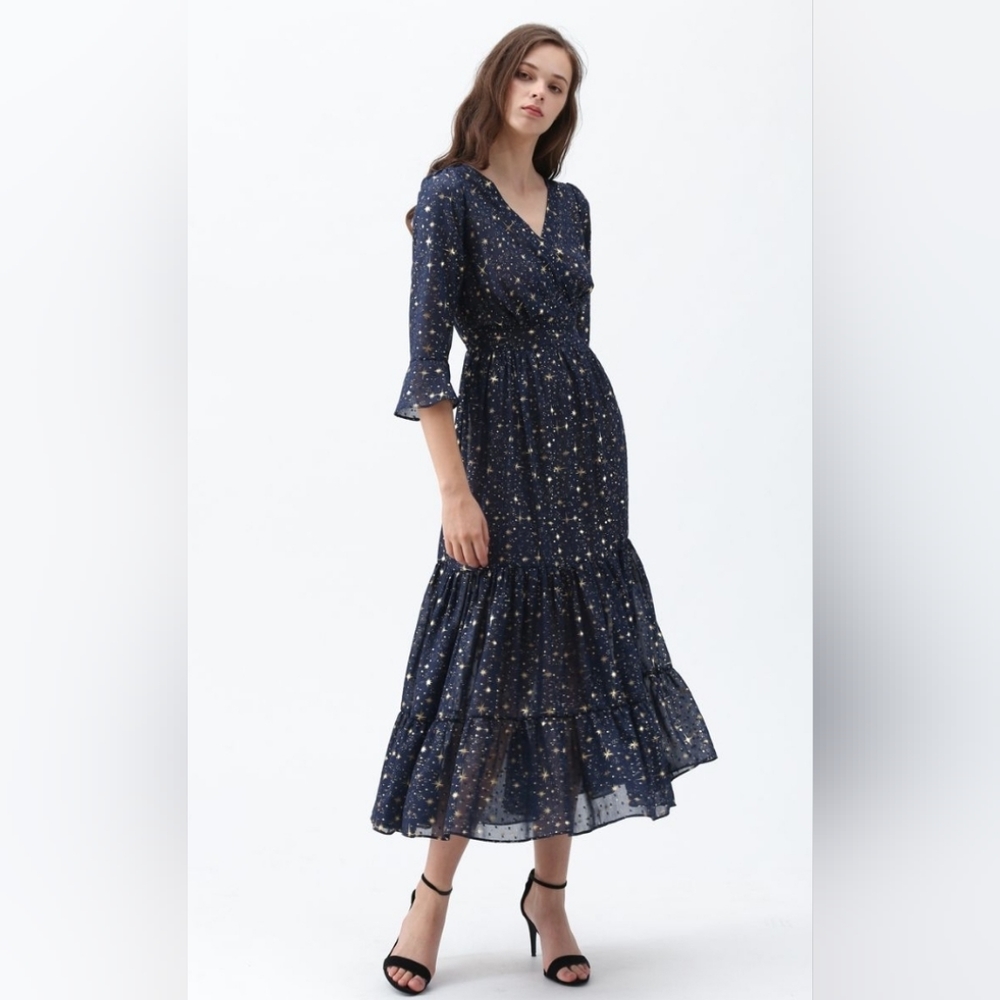 GLORY OF LOVE STAR PRINTED MAXI DRESS IN NAVY